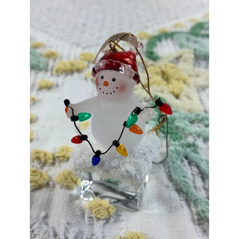 Frosted Glass Snowman Ornament with Christmas Lights on Ice Block 4 inch